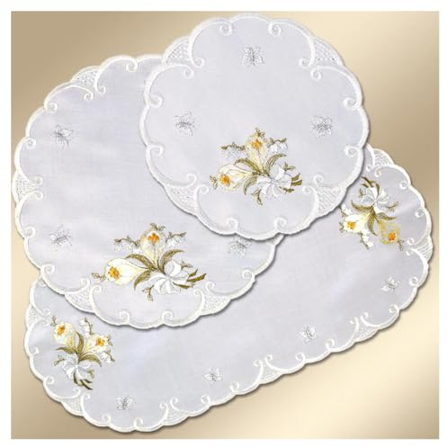 DSD Design-Studio Drechsler Bestickte Deckchen Frühlingsgruß aus Echter Plauener Spitze Tischdecke mit Krokussen und Schmetterlingen 3er Set