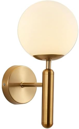 NICRX 150 mm weiße Glaskugel-Wandleuchte, weiße Glaskugel mit Messing-Goldsockel Wandleuchte