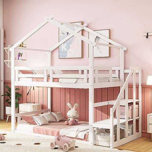 Etagenbett Kinderbett 90 x 200 mit Treppe & Stauraum, Hochbett Hausbett für 2 Kinder, Massivholz Stockbett Jugendbett Doppelbett, Baumhaus Bett mit Rausfallschutz und Lattenrost, Weiß, Ohne Matratze