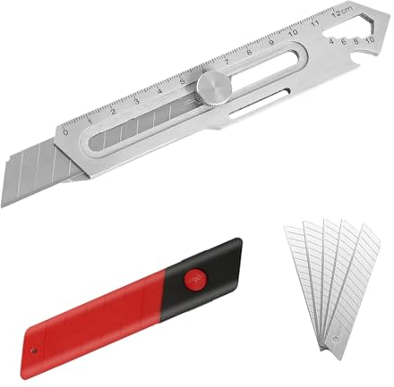 YRAKOZIN [2 Stück] Profi Metall Cuttermesser Set + 5 Carbonstahl SK5 Abbrechklingen 18mm, 7 in 1 Multifunktionales Gebrauchsmesser Teppichmesser für Heimwerker & Gewerbe