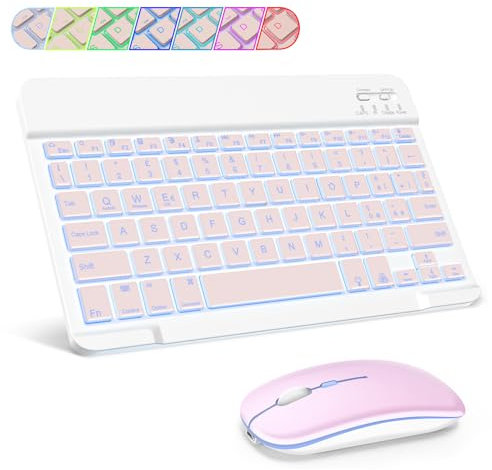 SOPPY Tastiera e Mouse Bluetooth Portatili Con Retroilluminazione, Mini Ricaricabile, Wireless per iPad/Samsung Tab/Lenovo Tab/iOS/Android/Windows, Layout Italiano (Rosa)