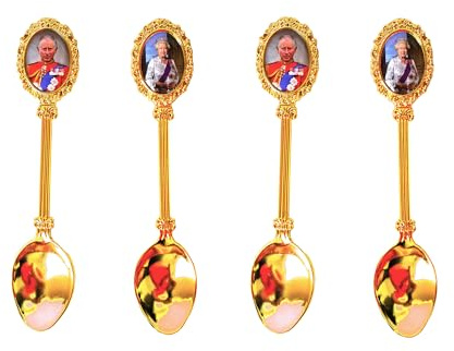 Set of 4 Royal Collectible Spoon : Royal Family Themed with King Charles and Queen Elizabeth Images - UK British London Souvenir