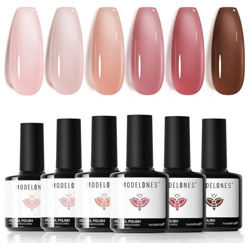 Modelones Gel Nail Polish 6 Colors Nude Brown Pink Jelly Gel Polish Set Nail Art DIY Manicure Salon and Home for Women