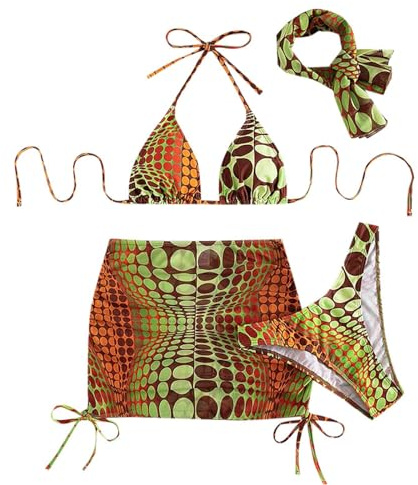 Bikini da donna con design digitale a pois, reggiseno a triangolo alto, gonna sciarpa, 4 pezzi, costume da spiaggia bikini frange, giallo., S