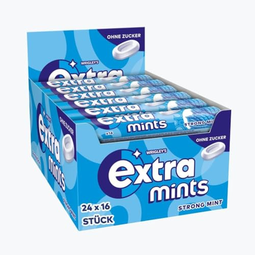 EXTRA Mints Strong Mint Dragees zuckerfrei Frischer Atem 24x16 Dragees | Intensive Minzfrische in praktischen Dragees für unterwegs, im Büro oder zwischendurch — zuckerfrei für langanhaltend