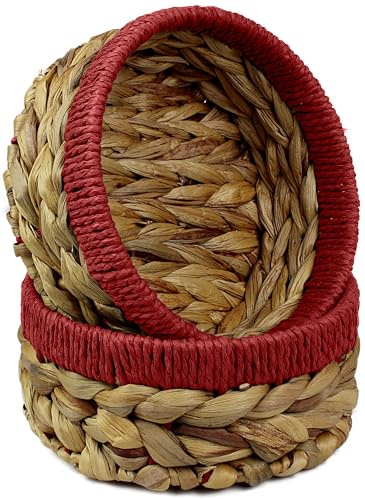 Small Water Hyacinth round baskets for storage Natural Red edges for shelves open hamper. Decorative gift mini tray make up Kitchen organiser (2 x Pack, Medium 18 cm)