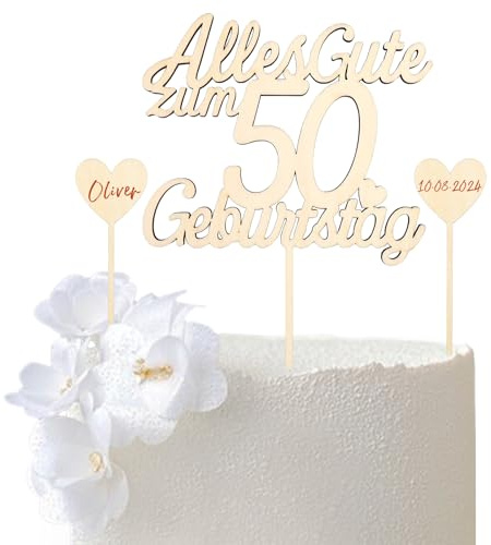 GoldRock Holz Tortendeko 50. Geburtstag für Frau und Mann - Alles Gute zum 50. Deko Set mit Cupcake Topper und Kuchendeko