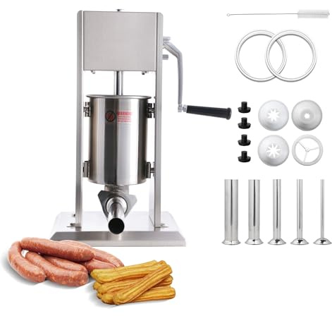 Hakka 3L/7Lb Sausage Stuffer Machine,2 Speed Stainless Steel Vertical Sausage Maker with 5 Tubes and 4 Churros,Meatball Maker for Home & Commercial Kitchens
