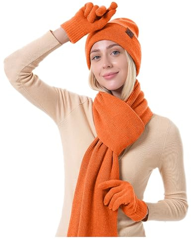 Generisch Mütze Schal Handschuhe Set Damen Bommel Warme Knit Women Frauen Winter Fleece Winterset Gloves Accessoires 3PC