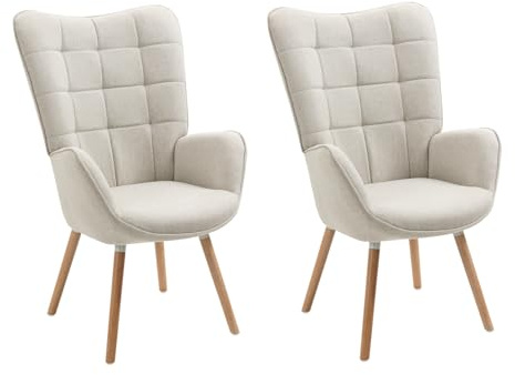 MEUBLE COSY Set di 2 Poltrona Imbottita Scandinavia Sedia da Salotto con Braccioli Poltroncina Relax in Tessuto con Schienale Alto Gambe in Legno per Camera da Letto Soggiorno, Beige, 66x64x106cm