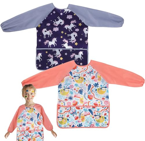 FEMONGY delantal niño 2 piezas bata pintura niños Impermeable bata escolar con mangas y 3 bolsillos babi escolar infantil, disfraz cocinero niño por antiguos 2–8 años (Unicornio)