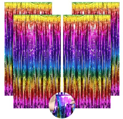 ShinherYee 4 Stück Lametta Vorhang Bunt, Glitzer Vorhänge Karneval Party Deko, 1 x 2 m Gradient Lametta Vorhang für Fasching Dekoration Hochzeit Geburtstagsdeko (Bunte Sterne)