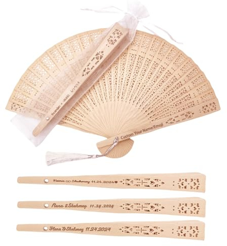 zyinoant 50Pcs Personalisierbarer Fächer mit Gravur Text/Symbole Holzfächer Naturholz Damen Handfächer für Hochzeiten, Sauna, Rave,Festival & Deko Hochzeitsgeschenke,Fächer Set, Mengenrabatt (50)