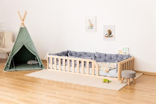 Mandrele - Montessori Bett, Bodenbett mit Lattenrost und Rausfallschutz, Kinderbett aus Kiefernholz für Jungen und Mädchen, 120x200 cm, Natur