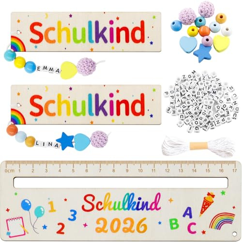 Lineal zur Einschulung 2026,2 Set Lesezeichen Schulkind Holz | Lesezeichen mit A-Z Buchstaben Holzperlen DIY,Personalisiertes Lesehilfe,Schulanfang Geschenk für Jungen und Mädchen