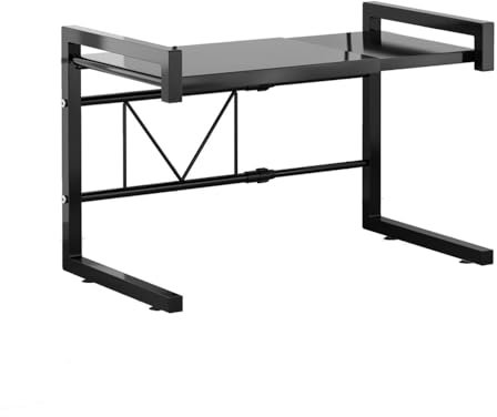 Warmiehomy Expandable Microwave Shelf Stand, 2 Tier Metal Kitchen Over Microwave Shelf Unit, Kitchen Countertop Organiser Shelves with Raised Fence and Premium Non-slip Corner Pads, 39~63×36×42CM
