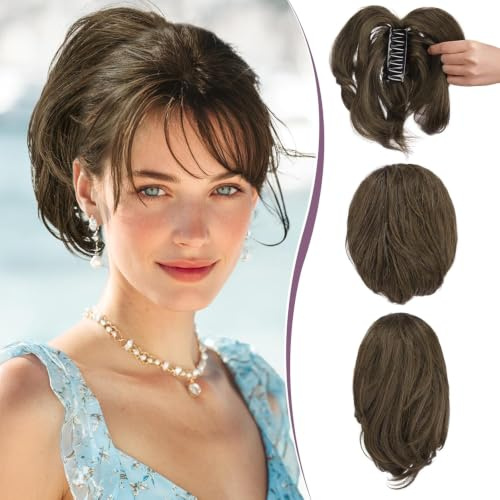 RUWISS Pferdeschwanz Haarteil mit Klammer Echthaar Kurze 22cm Ponytail Extension mit Biegbaren Metall für DIY-Frisuren Gerade Messy Bun Haarteil für Damen, Braun