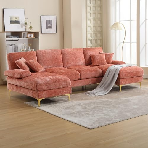 Modern U-form Chenille-sektionssofa med dubbel lutningsfunktion, 272 cm stor soffa med läderutseende, hållbart skum och ram av massivt trä för vardagsrum, villa, hemmakontor