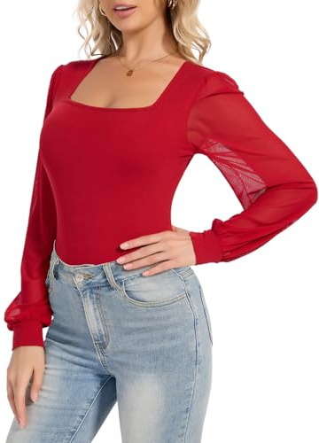 SHAPERIN Donna Body Manica a Sbuffo Eleganti Top con Scollo Quadrato Blusa Maniche Lanterna Bodysuit Maniche Lunghe, Rosso, L