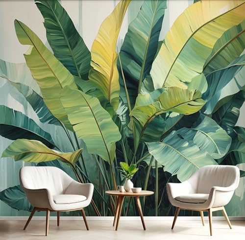 Papier Peint Motif Peinture L'Huile Feuilles Bananier Tapisserie Panoramique Grand 3D Plantes Tropicales Vert Foncé Papier Peint Soie Pour Salon Chambre Chambre D'Enfant Décoration Murale, 400X280Cm
