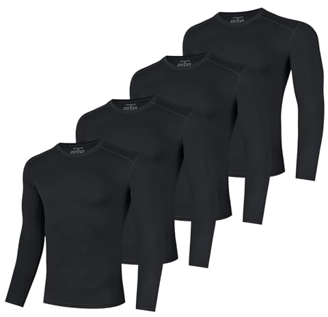 AMZSPORT Set med 2 långärmade kompressionströjor för män T-shirt snabbtorkande sportkläder, Svart (4 pack), XXL