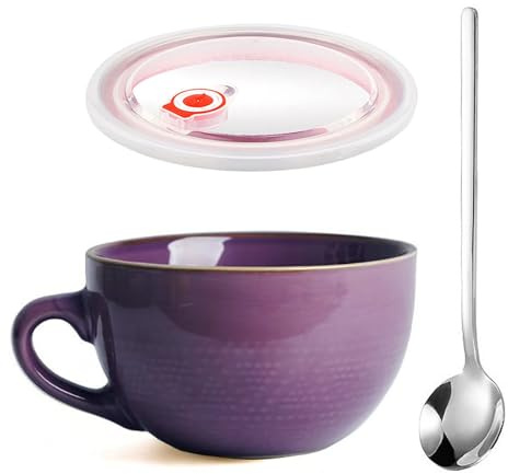 Taza de Café Grande, 700 ml Bol Grande de Cereales con Asa, Taza de Café Capuchino, Ensaladera, Reutilizable Cuenco de Cerámica para Sopa Con Tapa y Cuchara, Para Cafeterías(Violeta)