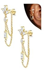 LOLIAS Hypoallergenic Cartilage Earrings for Women Flat Back-925 Sterling Silver Post Stud Flatback Earrings for Sensitive Ears-20G Ear Crawler Climber Cartilage Earring Tragus Conch Helix Piercing Jewelry 14K Gold Plated Chain Helix