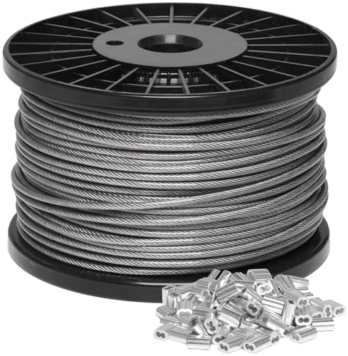 Storystore 3mm Wire Rope 50m, 304 Stainless Steel Wire Cable Rope Heavy Duty 7x7 Cross Section, 517kg Breaking Load stainless steel cable with 50 Pcs Aluminum Crimping Loop Sleeve