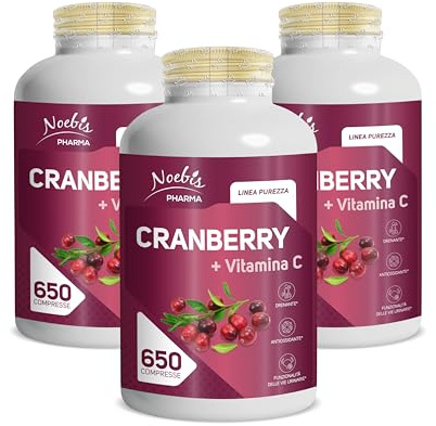 Cranberry + Vitamina C Noebis Pharma - Mirtillo Rosso 650 Compresse - Vie Urinarie, Drenaggio Liquidi e Azione Antiossidante (Confezione da 3)