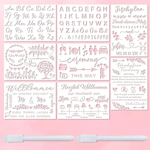 8pcs Hochzeit Schablonen zum Malen - 41.5×29.8CM Schablonen Inspirierende Wort, Sprühschablonen Graffiti, Wiederverwendbar Malschablonen für Hochzeit Willkommensschild Personalisiert Hochzeitsdeko