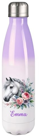 Borraccia termica 500ml personalizzata con ritratto di cavallo e decorazione floreale ad acquerello