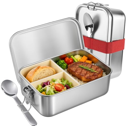 KUOGAS Brotdose edelstahl mit fächern, Auslaufsichere lunchbox mit Löffel 1000ml, Wasserdichte Nachhaltige Bento-box mit Dichtungen für Picknick, Schule, Arbeit