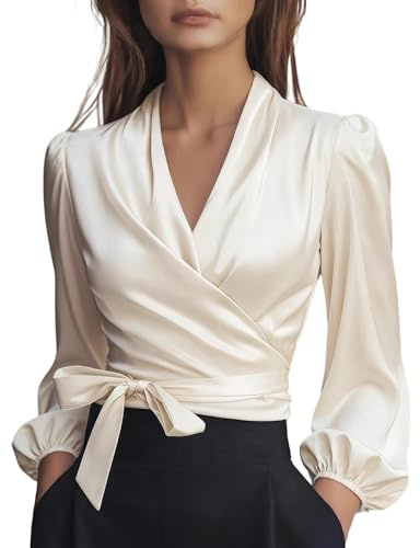 Chemisier Satin Femme,à col en V La Soie Élégante Blouse Chic Manches Longues Chemise Boutons Ample à Manches Longues Chemisier de Soirée Business Top Beige S