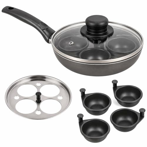 4 Egg Non-Stick Egg Poaching Pan – Aluminium Poached Egg Maker with Glass Lid & Removable Cups, 20cm Saucepan, Cool Touch Handle, Easy Clean, Suitable for Gas