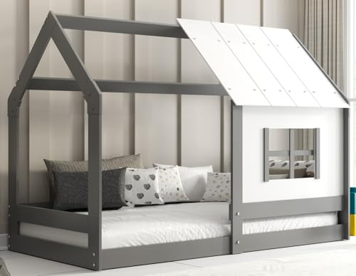 Interbeds Hausbett mit Dach Kinderbett 80x160 Bodenbett Holzbett Einzelbett Montessori mit Rausfallschutz & Lattenrost für Jungen und Mädchen aus Massivholz (Grau)