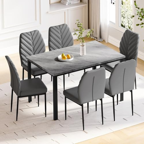 Hello-5ive Dining Table and Chairs Set 6, 120cm Faux Marble Dining Table with 6 Grey Upholstered PU Leather Chairs, Leaf Pattern Backrest, Modern Kitchen Dining Room Furniture Set