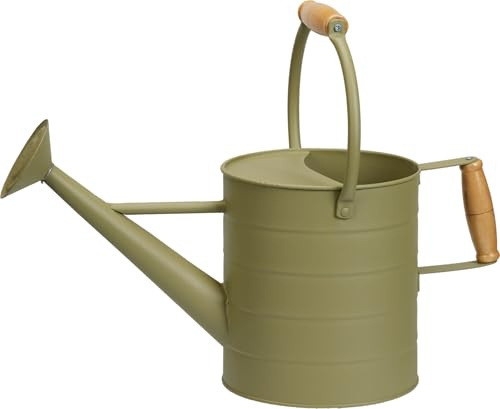 3.6L Metal Watering Can Indoor Outdoor Plant Watering Can with Long Spout, Wooden Handle, Decorative Gardening Watering Jug for House Plants, Flowers & Garden Use – Cream & Light Green (Light Green)
