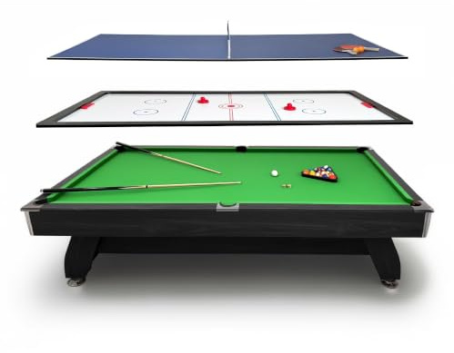 Billardtisch 7ft/8ft/9ft Schwarz oder Braun, MDF Poolbillardtisch mit Kugelrücklauf und Zubehör, optional mit Tischtennis- und Airhockey-Auflage