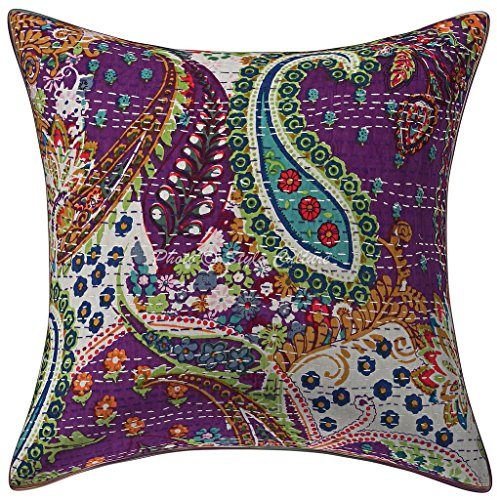 Stylo Culture Ethnicas Fundas Cojines Decorativa 40x40 cm Algodón Paisley Funda Almohadon Sofa Morado 16x16 Inch Kantha Impreso Cuadrado sobre Fundas De Almohadones para Cama - 1 Pc