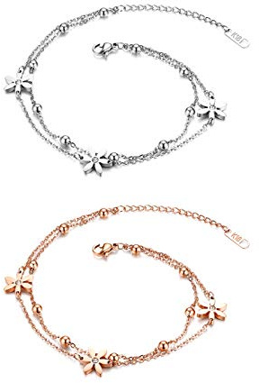 Flongo Fußkettchen Freundschaftsarmband, Freundschaftsarmbänder für 2 Edelstahl Armband Armkette Fußkette mit Münze Kügelchen Rose Gold Silber Elegant Damen