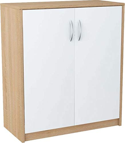 MATKAM Kommode 2-türig H B T 85 x 74 x 35 cm EIN Innenregal aus Holzwerkstoff Griffe in satinierter Metall-Optik Scharniere aus Metall (Korpus Sonoma Eiche – Front in weiß)