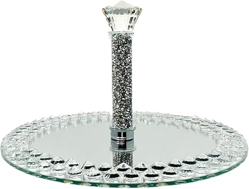 Alzata girevole per torte in vetro con cristalli argentati, per matrimoni, feste e decorazioni per la casa, 30 cm