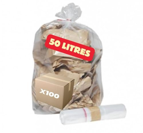 SANYGIENE | Bolsa de basura transparente 50 l PE reciclado | Lote de 100 bolsas de 50 litros (2 rollos de 50 bolsas) | Sólido (14µ) – Resistente al agua | Clasificación selectiva de oficinas – Baño –