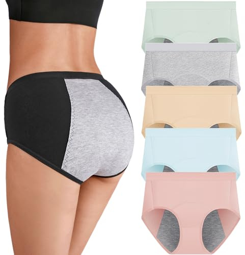 Bysion Femme Culottes de Période Menstruelle Filles Menstruation Slips Règles sous-vêtements Taille Moyenne Anti-fuites Flux abondant Protection supplémentaire - Lot de 5