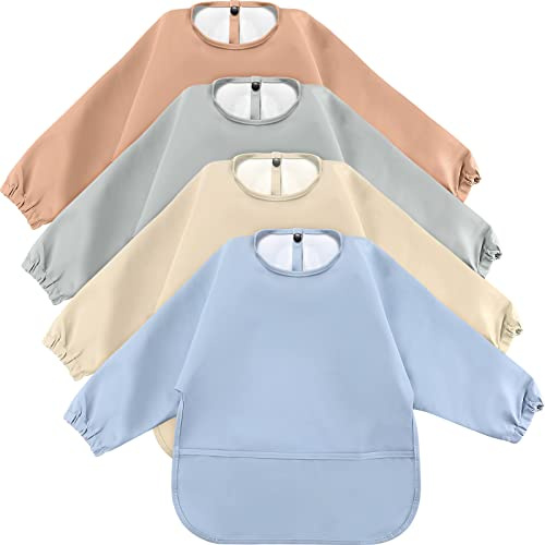 JaGely 4 Pack Long Sleeve Bibs Baby Smock Waterproof Sleeved Bids with Food Catcher for Baby Eating Feeding Ages 6-36 Months(Soft Color)