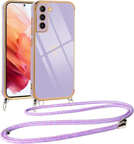 Vauki handyband für Samsung Galaxy S21 5G Hülle mit Band, Handyhülle Silikon Lila mit Herz Motiv, Ultra Dünn Stoßfeste Aesthetic Case mit Kordel zum Umhängen für Samsung S21 5G 6.2