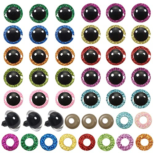 TOAOB 60 Stück Sicherheitsaugen für Häkeltiere 24 mm Klein Glitzer Bunt | 10 Farben Kunststoff Augen, Sicherheitsaugen mit Unterlegscheiben für DIY Basteln, Marionette Puppenherstellung