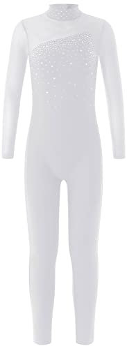 CHICTRY Turnanzug Ganzkörper Mädchen Langarm Voltigieranzug Strass Glitzer Tanzbody Stehkragen Turntrikot Mesh Patchwork Sportbody Trikotanzug Dancewear Weiß 158-164