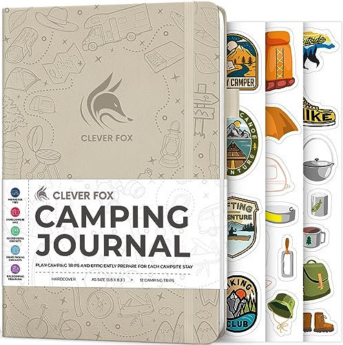 Clever Fox Diario de campamento – Libro de registro de cámper y planificador de viajes de RV – Diario de campamento al aire libre y cuaderno de viaje de aventura – 12 viajes en total, 8 páginas por