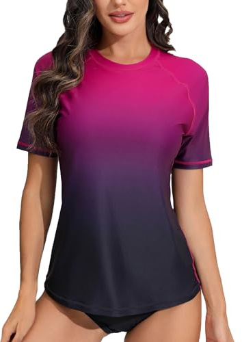 Halcurt Damen Rash Guard Kurzarm UV Shirt mit BH Sonnenschutz UPF 50+ Schwimmshirt Bademode Schnell Trocknender Badeshirt XL